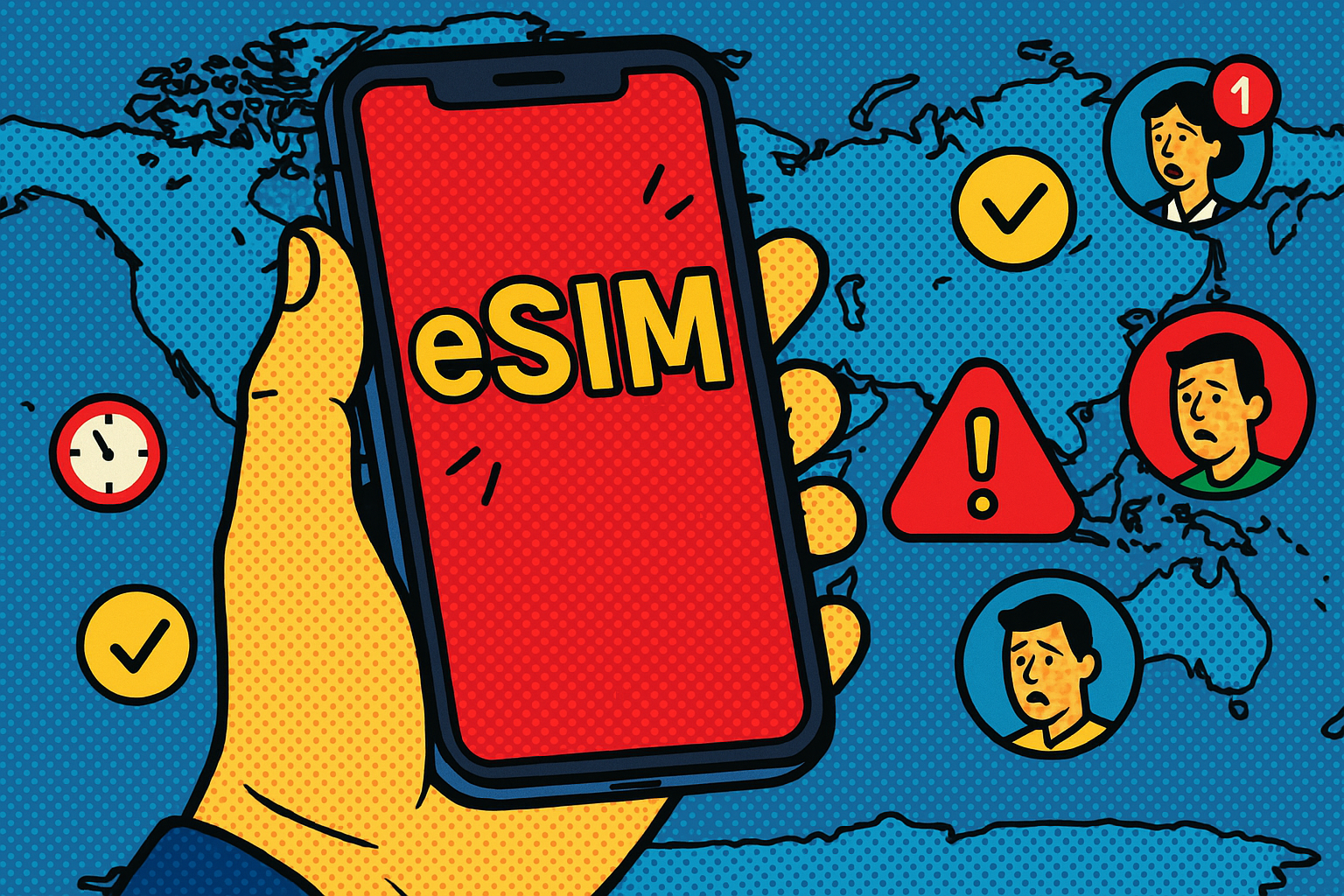 Illustration of closeup of esim enabled phone in a world map on digital screen setting, with a focused mood.