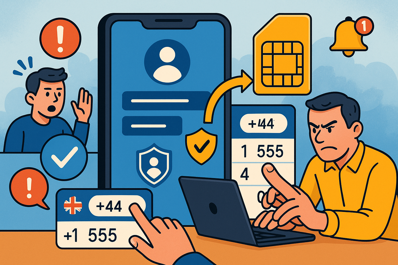 Illustration of mobile device with identity access in a international dialing interface setting, with a determined mood.