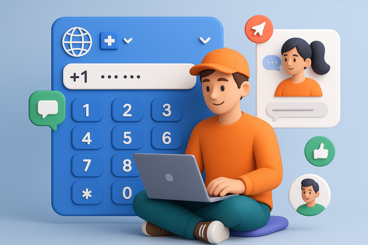 Illustration of nomad on laptop using messaging app in a international dialing interface setting, with a creative mood.