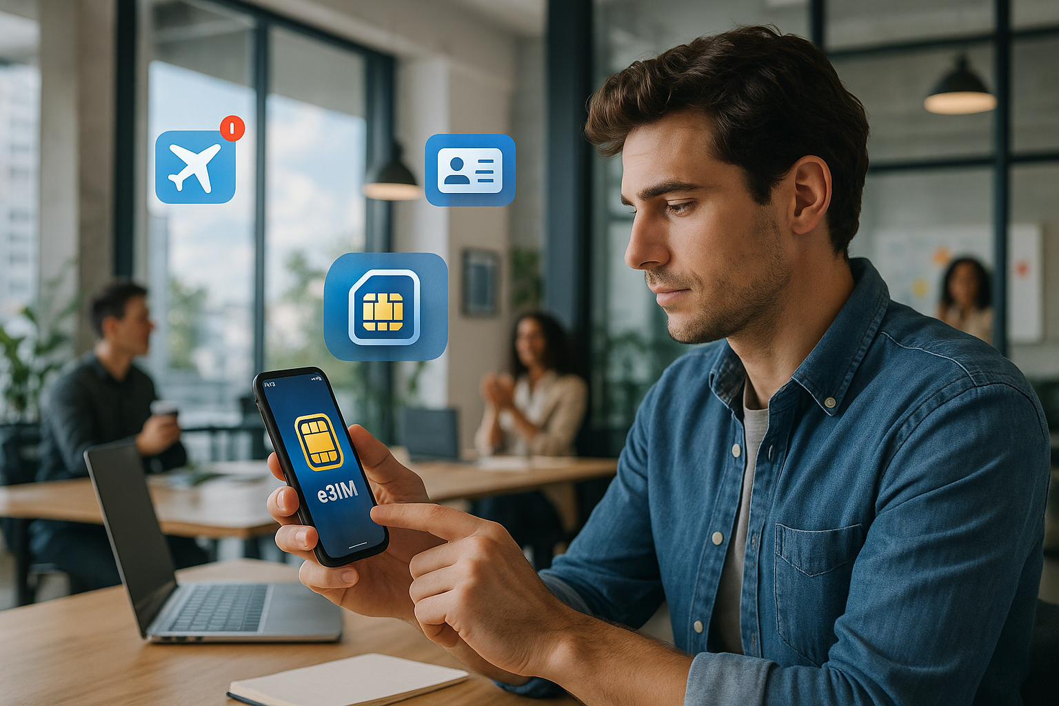 Illustration of person using phone with esim interface in a startup office environment setting, with a creative mood.