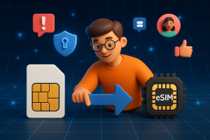 Illustration of user switching from sim to esim in a cybersecurity digital grid setting, with a creative mood.