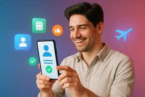 Illustration of mobile device with identity access in a techy abstract gradient setting, with a happy mood.