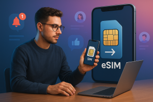 Illustration of user switching from sim to esim in a techy abstract gradient setting, with a focused mood.