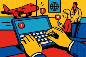 Illustration of hands typing on digital keypad in a airport terminal setting, with a focused mood.