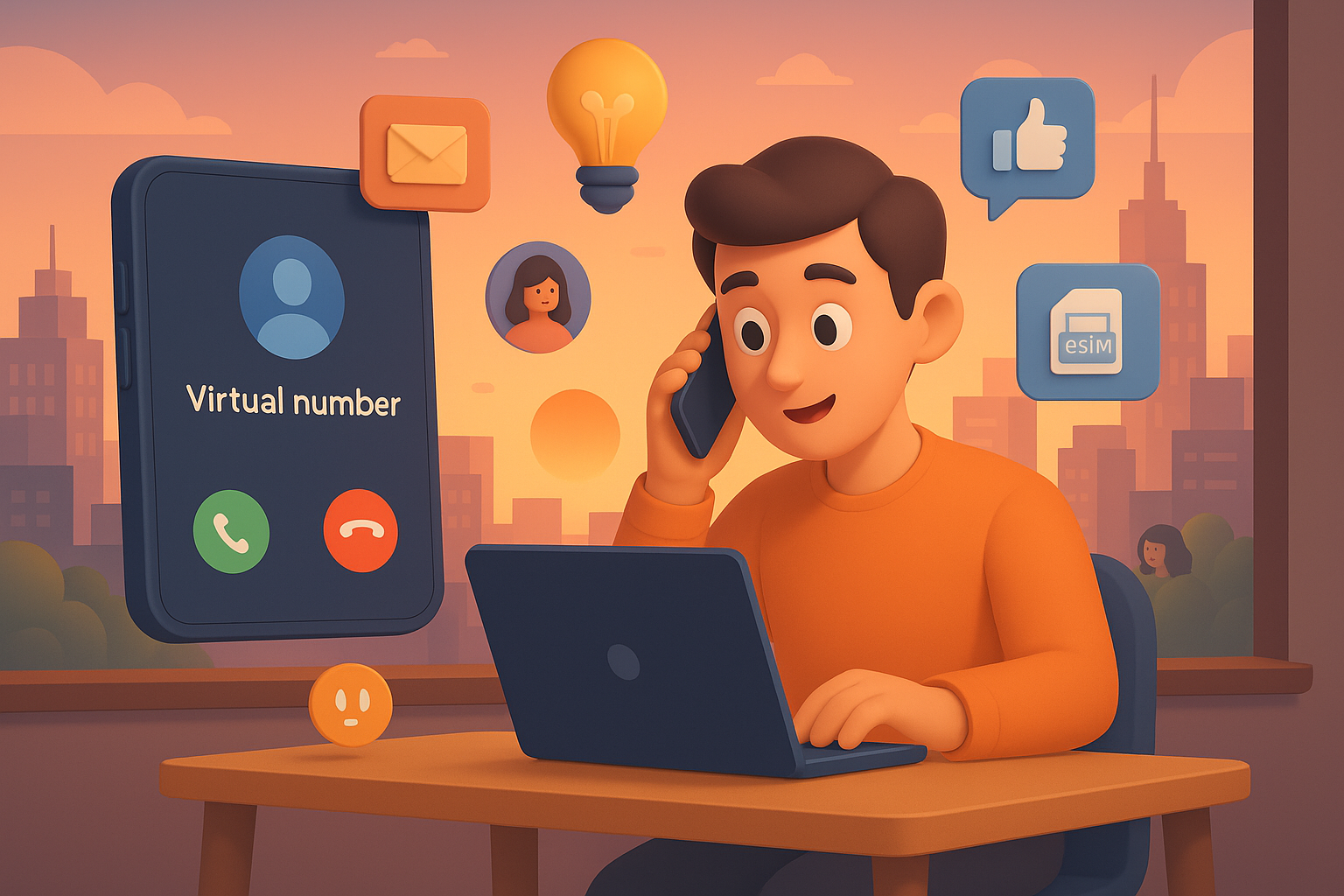 Illustration of incoming call from virtual number in a urban skyline at sunset setting, with a creative mood.