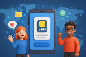 Illustration of esim app display on smartphone in a world map on digital screen setting, with a happy mood.