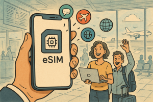 Illustration of closeup of esim enabled phone in a airport terminal setting, with a inspired mood.