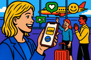 Illustration of person using phone with esim interface in a airport terminal setting, with a happy mood.