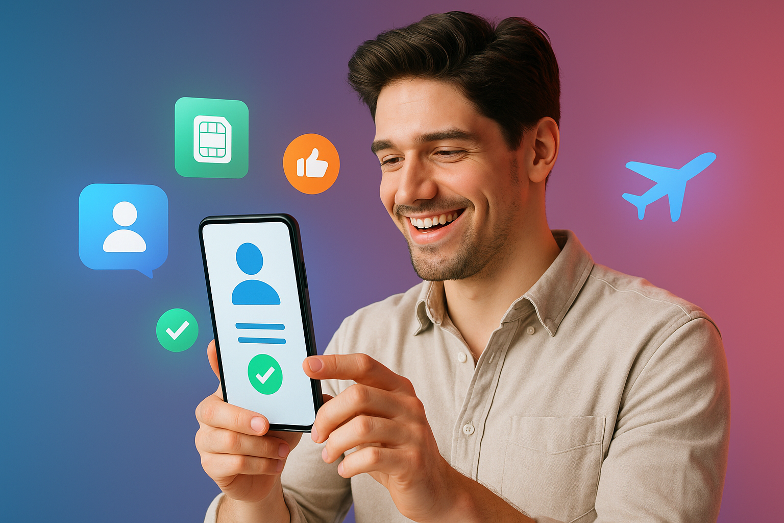 Illustration of mobile device with identity access in a techy abstract gradient setting, with a happy mood.