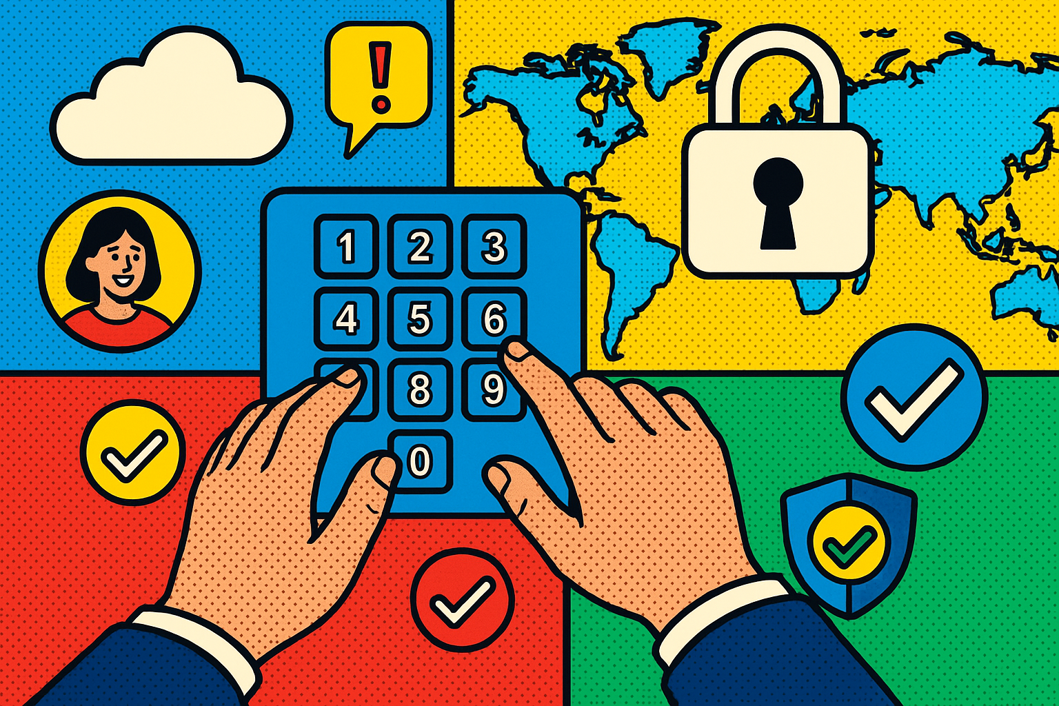 Illustration of hands typing on digital keypad in a world map on digital screen setting, with a relaxed mood.