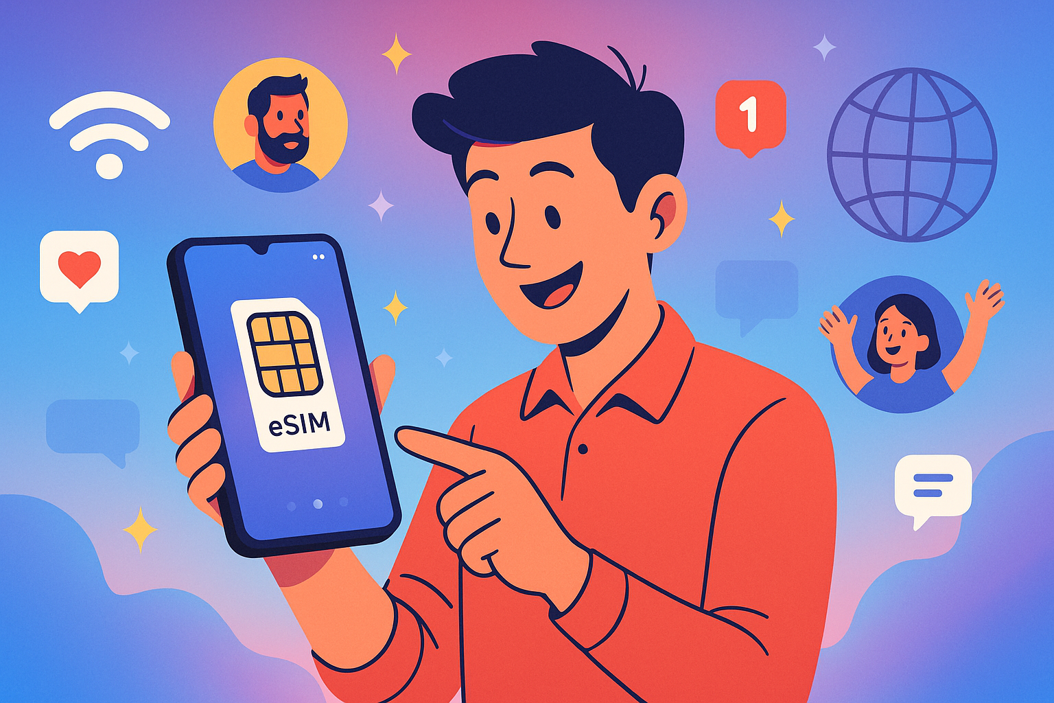 Illustration of person using phone with esim interface in a techy abstract gradient setting, with a inspired mood.