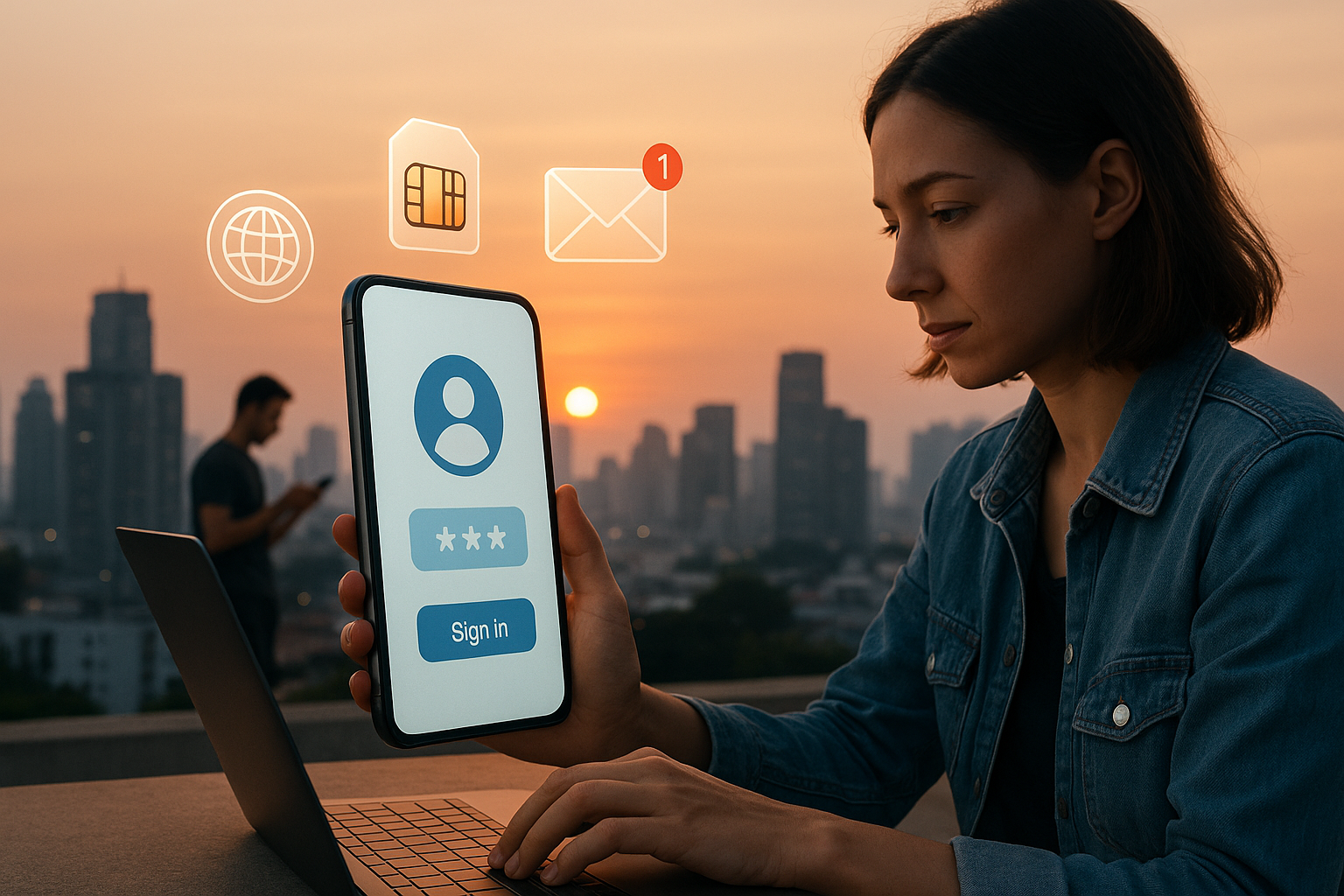 Illustration of mobile device with identity access in a urban skyline at sunset setting, with a focused mood.