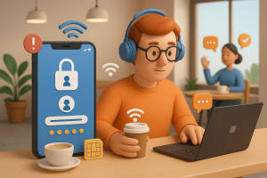 Illustration of mobile device with identity access in a coffee shop workspace setting, with a determined mood.