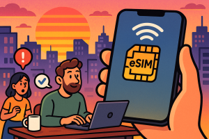 Illustration of closeup of esim enabled phone in a urban skyline at sunset setting, with a focused mood.