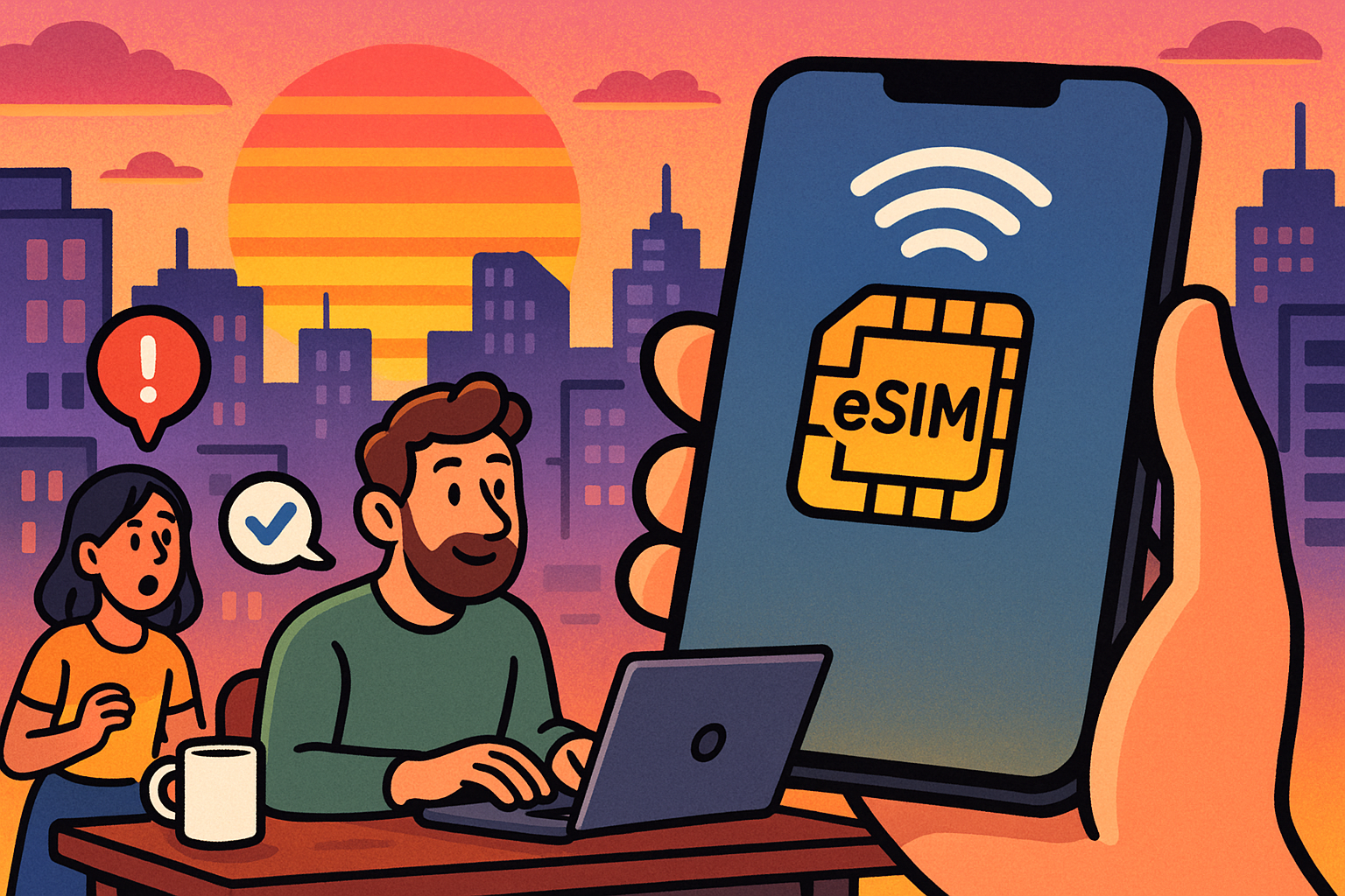 Illustration of closeup of esim enabled phone in a urban skyline at sunset setting, with a focused mood.