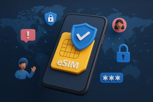 Illustration of closeup of esim enabled phone in a world map on digital screen setting, with a creative mood.