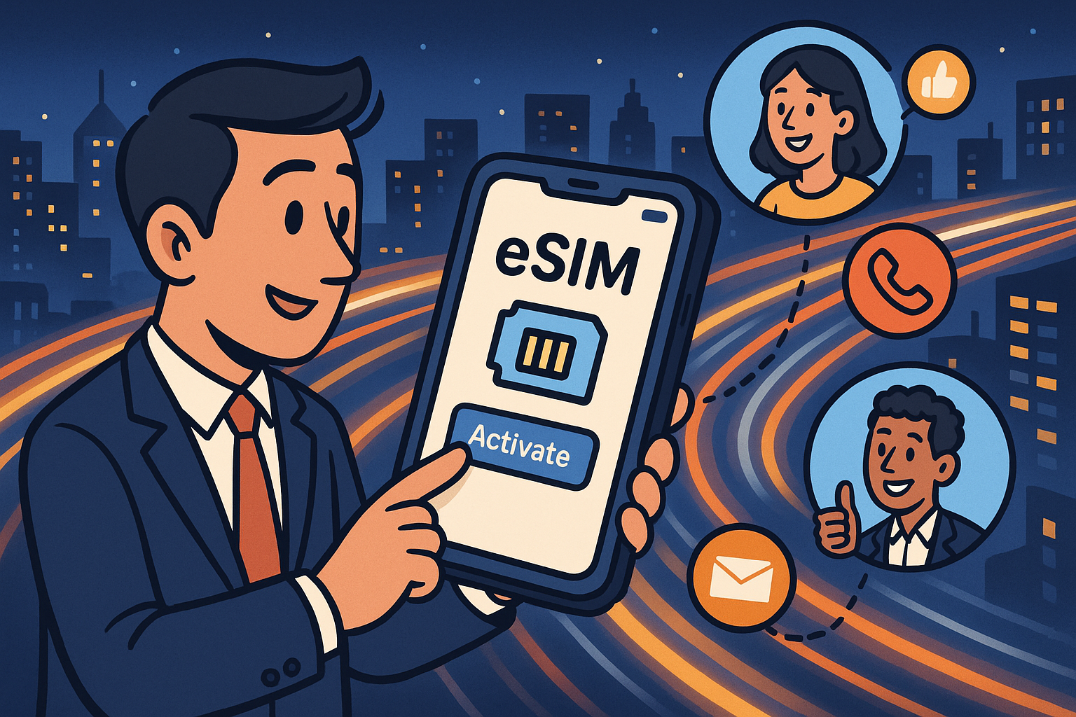 Illustration of person using phone with esim interface in a city night view with light trails setting, with a creative mood.