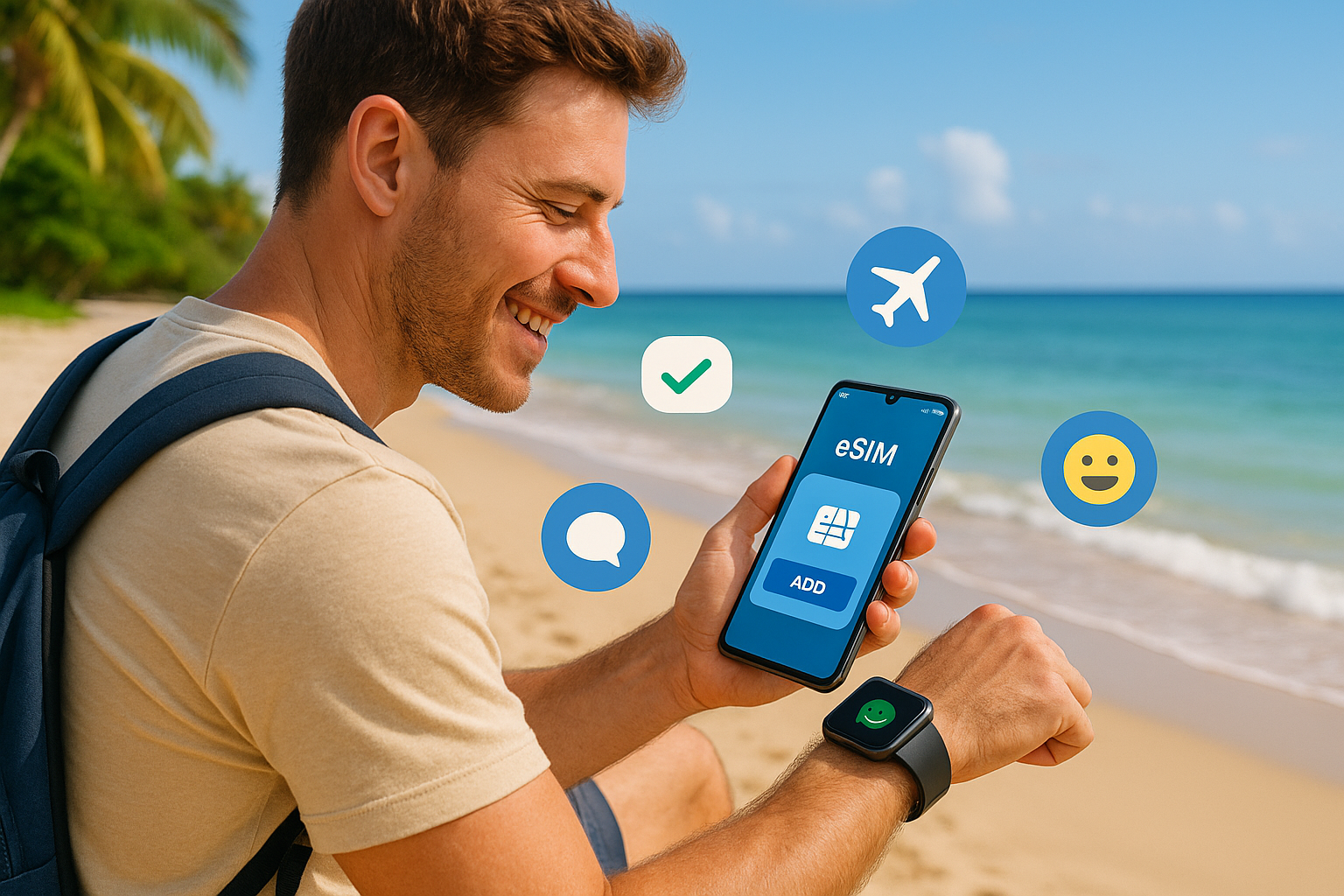 Illustration of person using phone with esim interface in a beach with smartwatch and phone setting, with a happy mood.