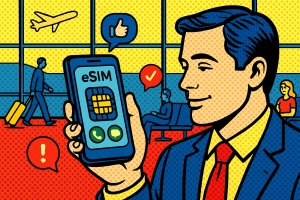Illustration of person using phone with esim interface in a airport terminal setting, with a relaxed mood.