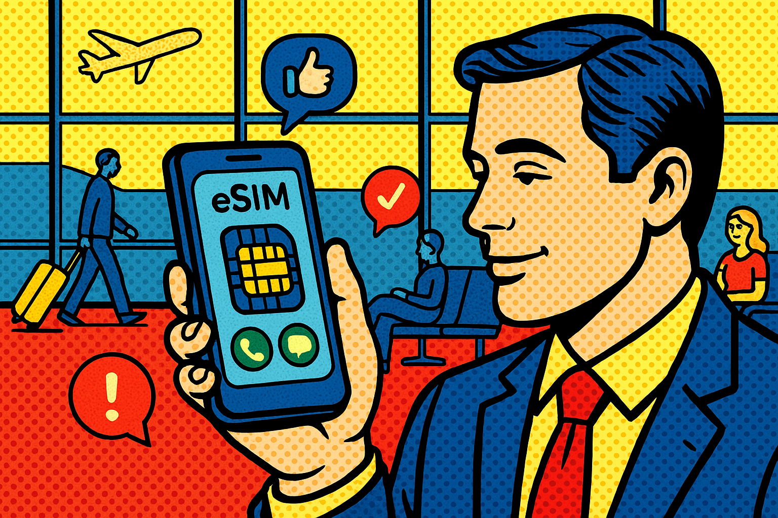 Illustration of person using phone with esim interface in a airport terminal setting, with a relaxed mood.
