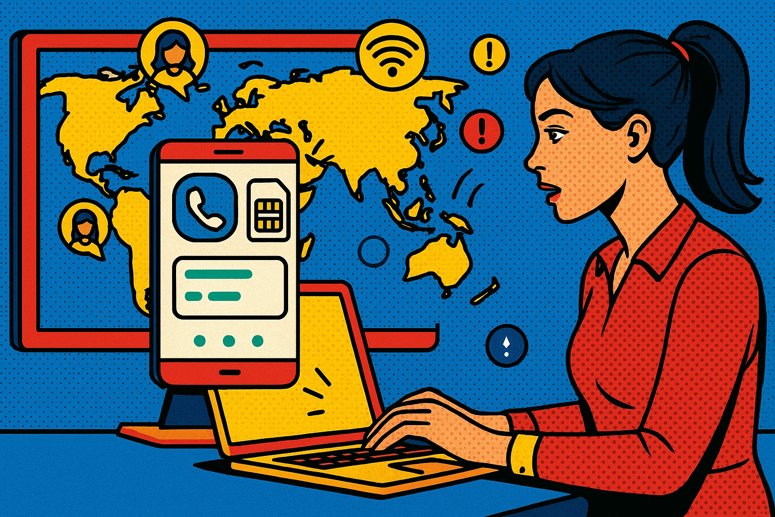 Illustration of virtual phone number dashboard in a world map on digital screen setting, with a focused mood.