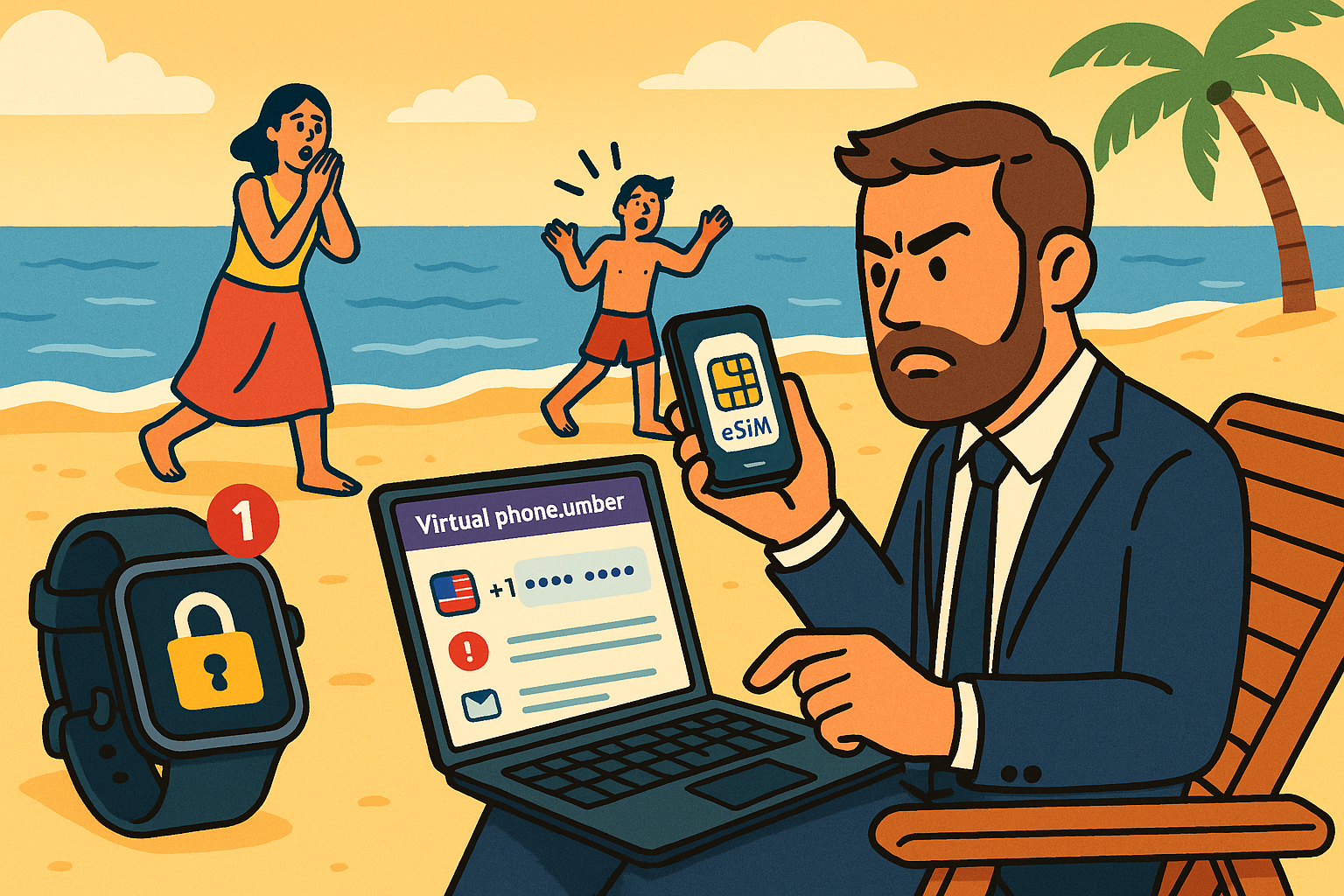 Illustration of virtual phone number dashboard in a beach with smartwatch and phone setting, with a determined mood.