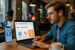 Illustration of virtual phone number dashboard in a coffee shop workspace setting, with a focused mood.