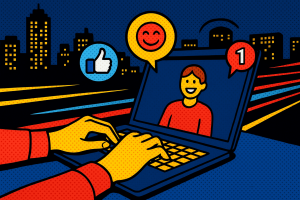 Illustration of hands typing on digital keypad in a city night view with light trails setting, with a happy mood.