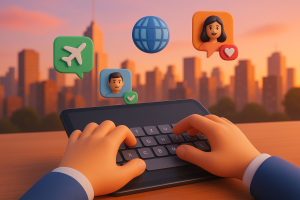 Illustration of hands typing on digital keypad in a urban skyline at sunset setting, with a relaxed mood.