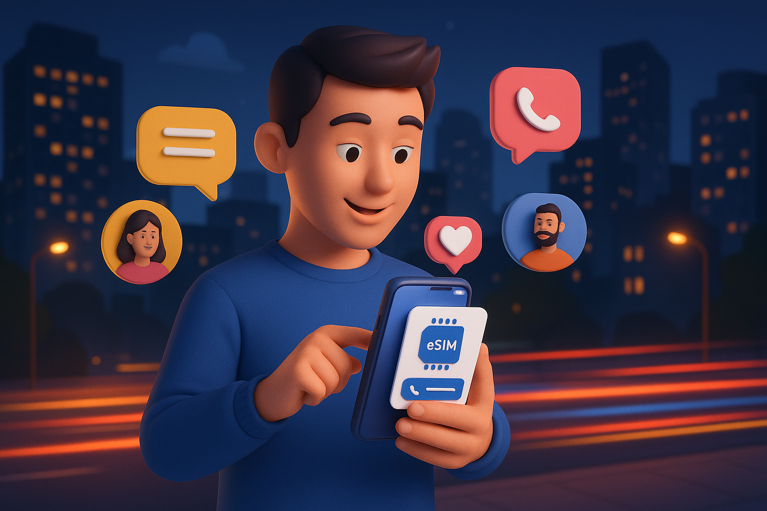 Illustration of person using phone with esim interface in a city night view with light trails setting, with a creative mood.