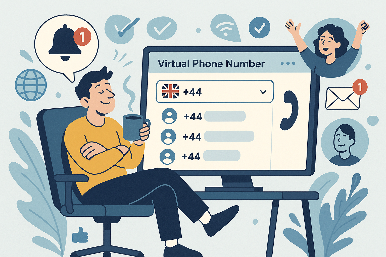 Illustration of virtual phone number dashboard in a international dialing interface setting, with a relaxed mood.