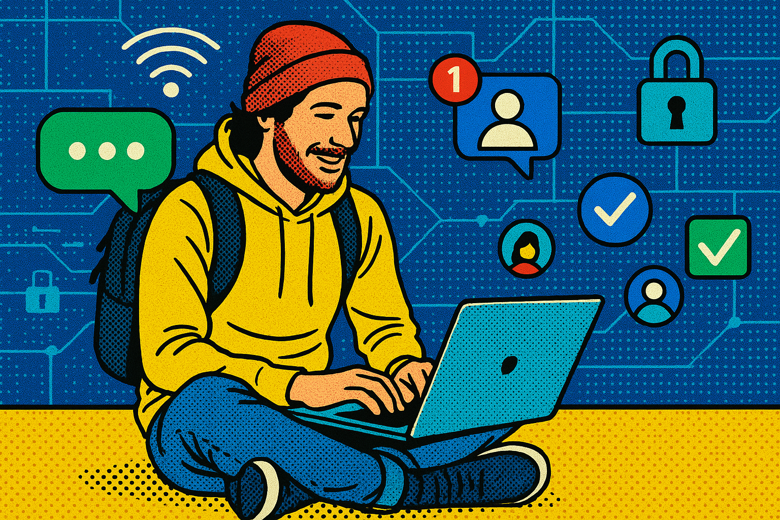 Illustration of nomad on laptop using messaging app in a cybersecurity digital grid setting, with a relaxed mood.