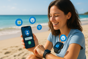 Illustration of mobile device with identity access in a beach with smartwatch and phone setting, with a happy mood.