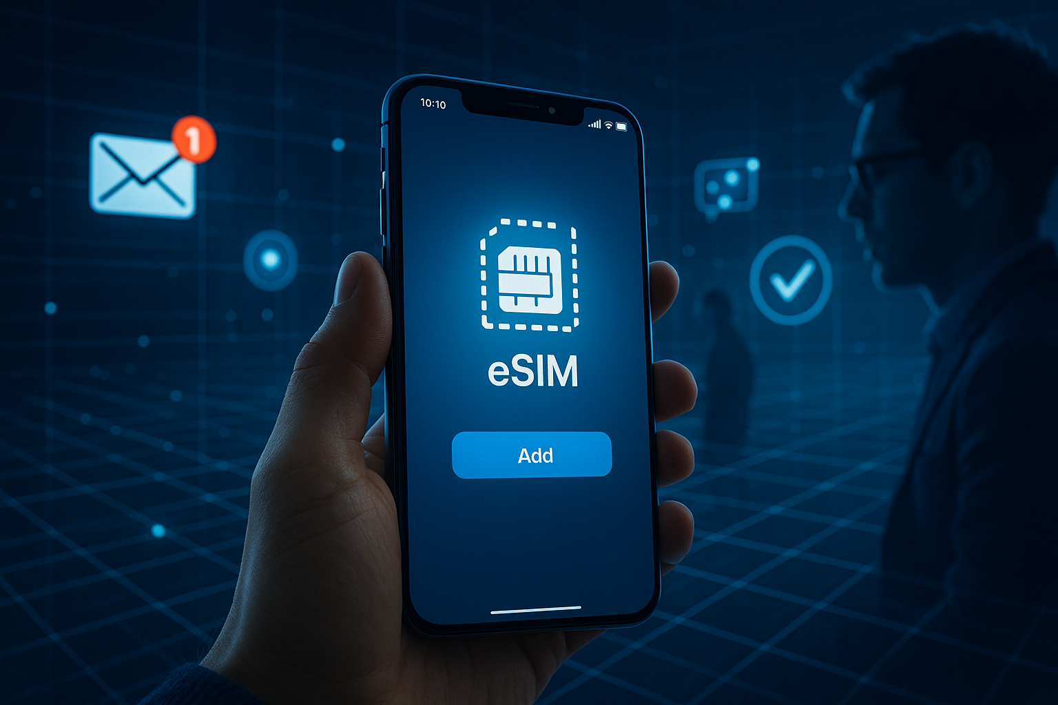 Illustration of esim app display on smartphone in a cybersecurity digital grid setting, with a focused mood.